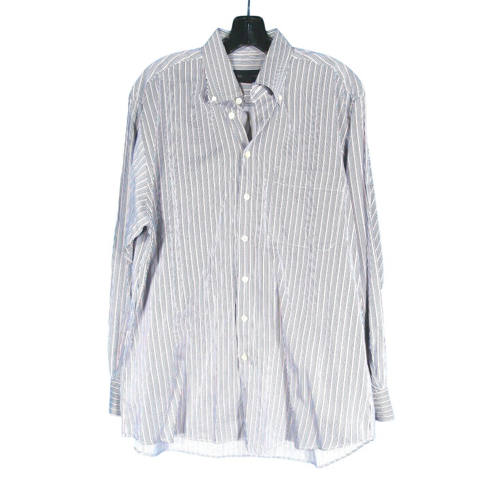 SCOTT BARBER Shirt BLACK/BLUE/WHITE/GOLD STRIPES Button Up TWILL Lightweight L